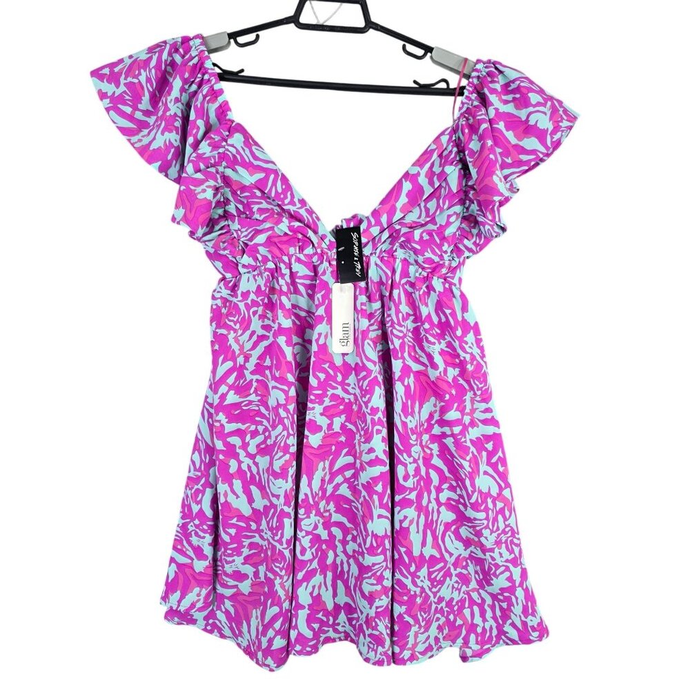 Womens Sophie & Trey Magenta & Blue Print Dress Lined Ruffled Polyester Size S